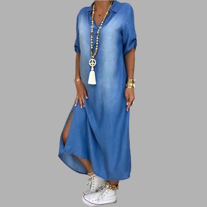 Andrea™ – Lange jurk in jeanslook met zijsplit