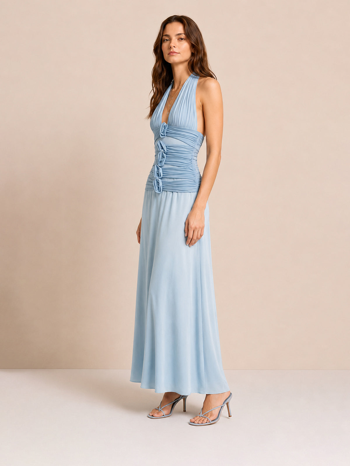 3D-bloemenprint halter maxi-jurk