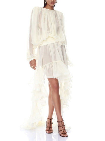 Elegante Transparante Ruffle Blouse & Gelaagde Hoge-Laag Rok Twee-Delige Set
