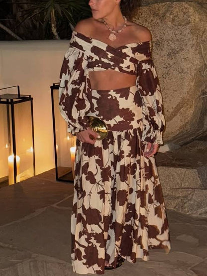 Geprinte Off-shoulder Top En Rok Set