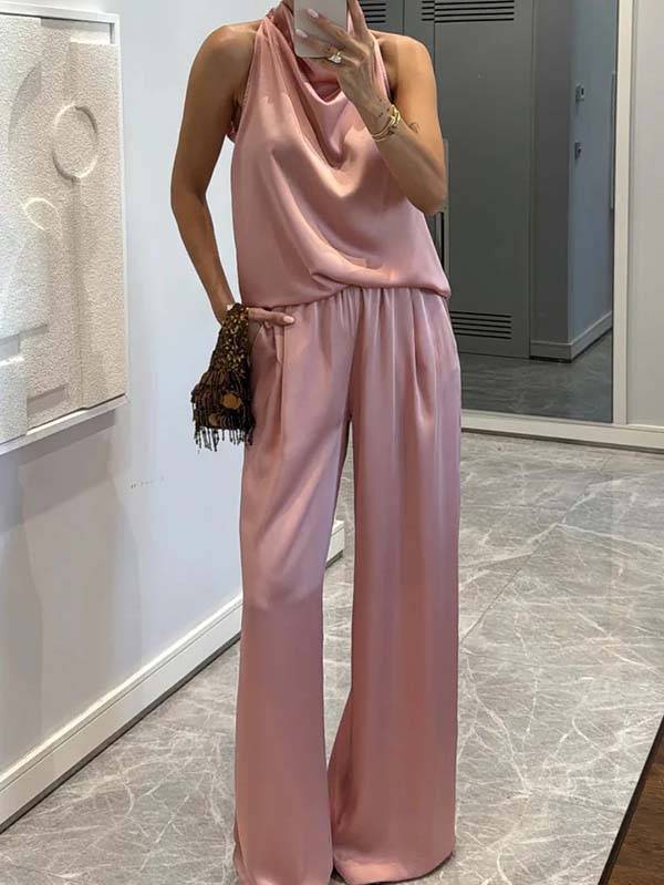 Elegante Halter Nek Swing Kraag Top En Brede Pantalon Set-Top