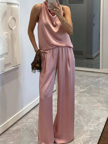Elegante Halter Nek Swing Kraag Top En Brede Pantalon Set-Top