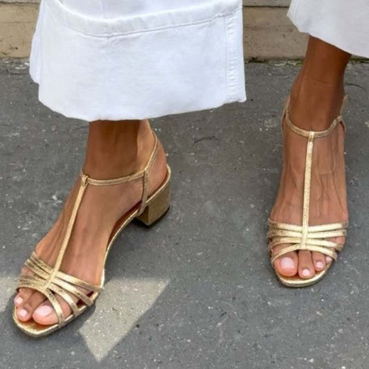 Allegra Gouden Sandalen met Vierkante Hak