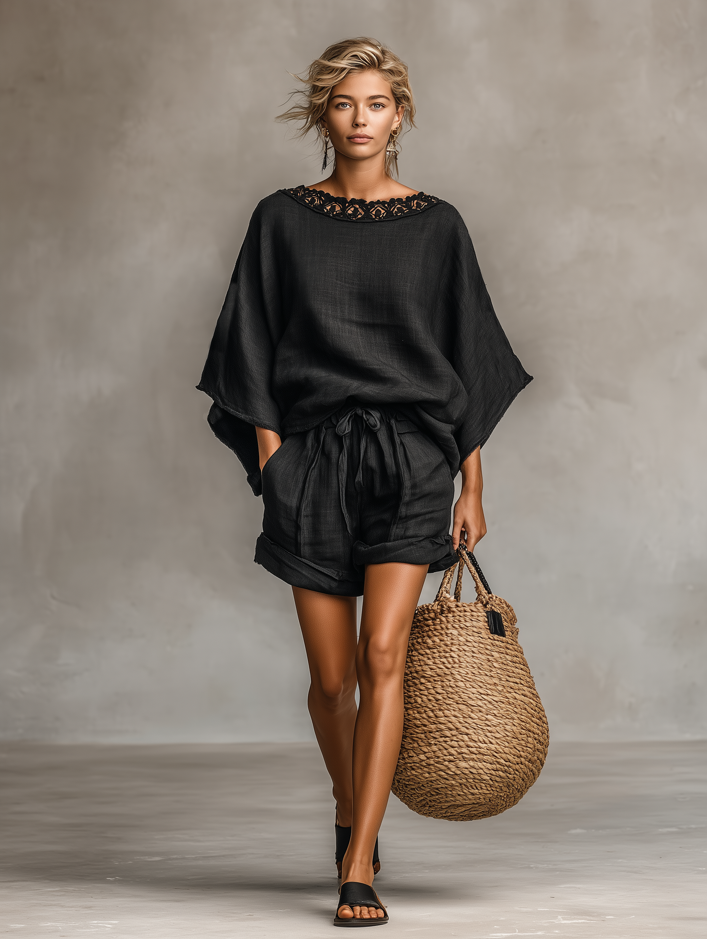 Vrouwen Minimalistische Linnenmix Kanten Bootnek Blouse en Shorts Set MDZ1635A9Y