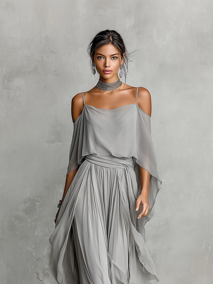Dames Grijze Ademend Chiffon Set Met Cold-Shoulder Detail & Uitlopende Silhouet, Hedendaagse Luxe-Vrouwelijke Stijl Set MDZ2651B6I