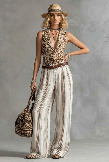 Luipaardprint Vest en Gestreepte Wijde Broek Set