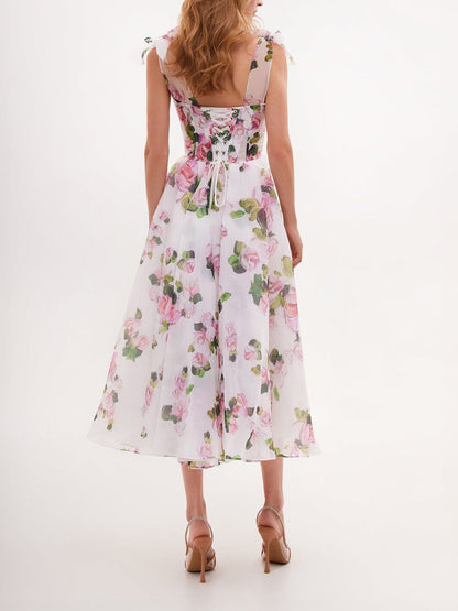 Tedere bloemen midi jurk met strikbandjes