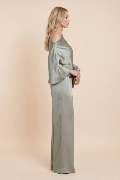 Off-Shoulder Asymmetrische Shirt En Wijde Pantalon Set