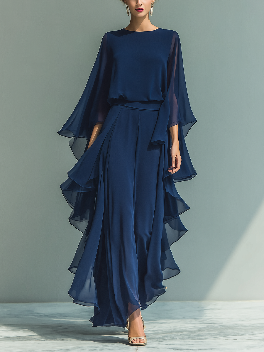 Dames Navy Blauwe Chiffon Top met Uitlopende Mouwen en Rechte Broek Set met Rimpeldetails MDZ2218A5T