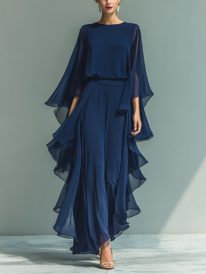 Dames Navy Blauwe Chiffon Top met Uitlopende Mouwen en Rechte Broek Set met Rimpeldetails MDZ2218A5T