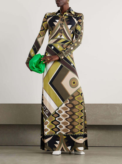 Retro Persoonlijkheid Abstracte Print Lange Mouwen Maxi Jurk