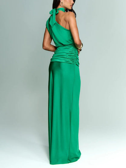 Elegante Asymmetrische Halslijn Geplooide Feest Maxi Jurk