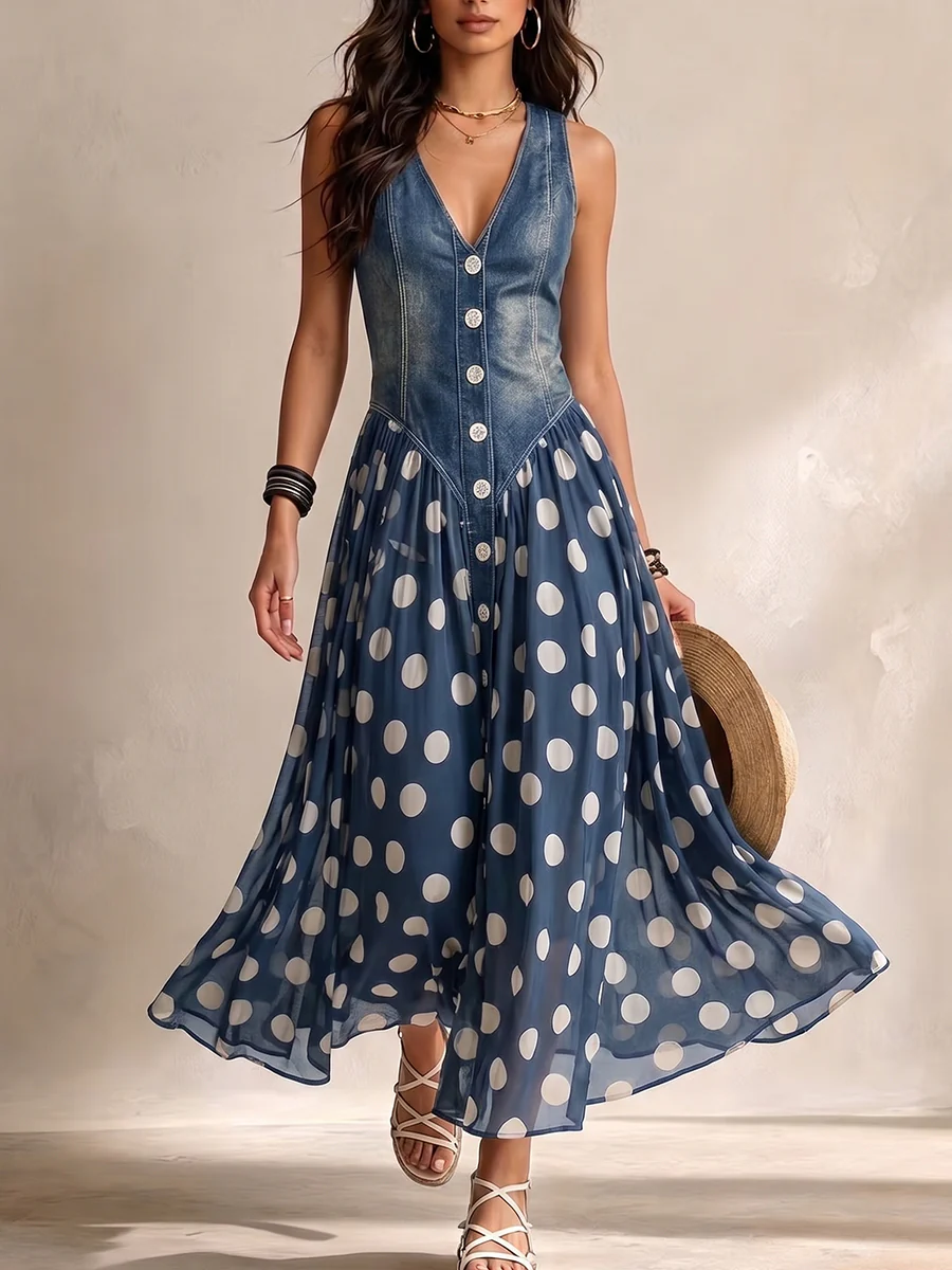 Adeline | Lange denimjurk met stippen