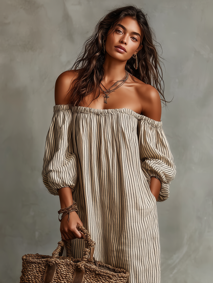 Carmen | Lange jurk van katoen en linnen met off-the-shoulder ontwerp