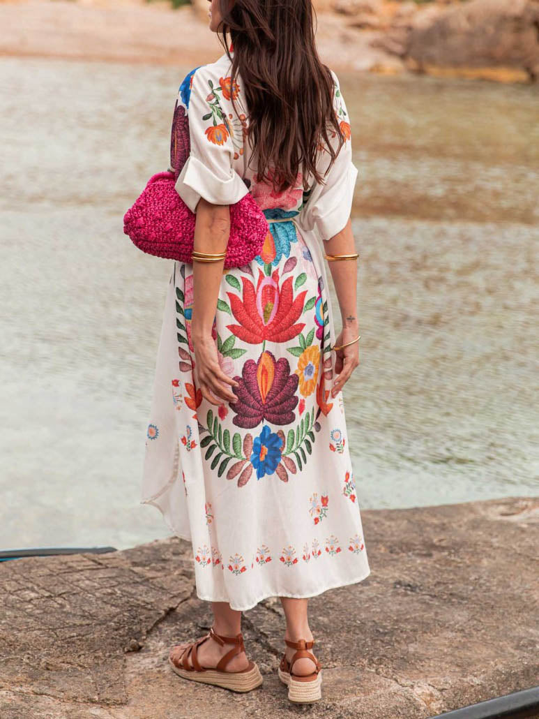 Casual Positioning Print Losse Resort Shirt Midi Jurk