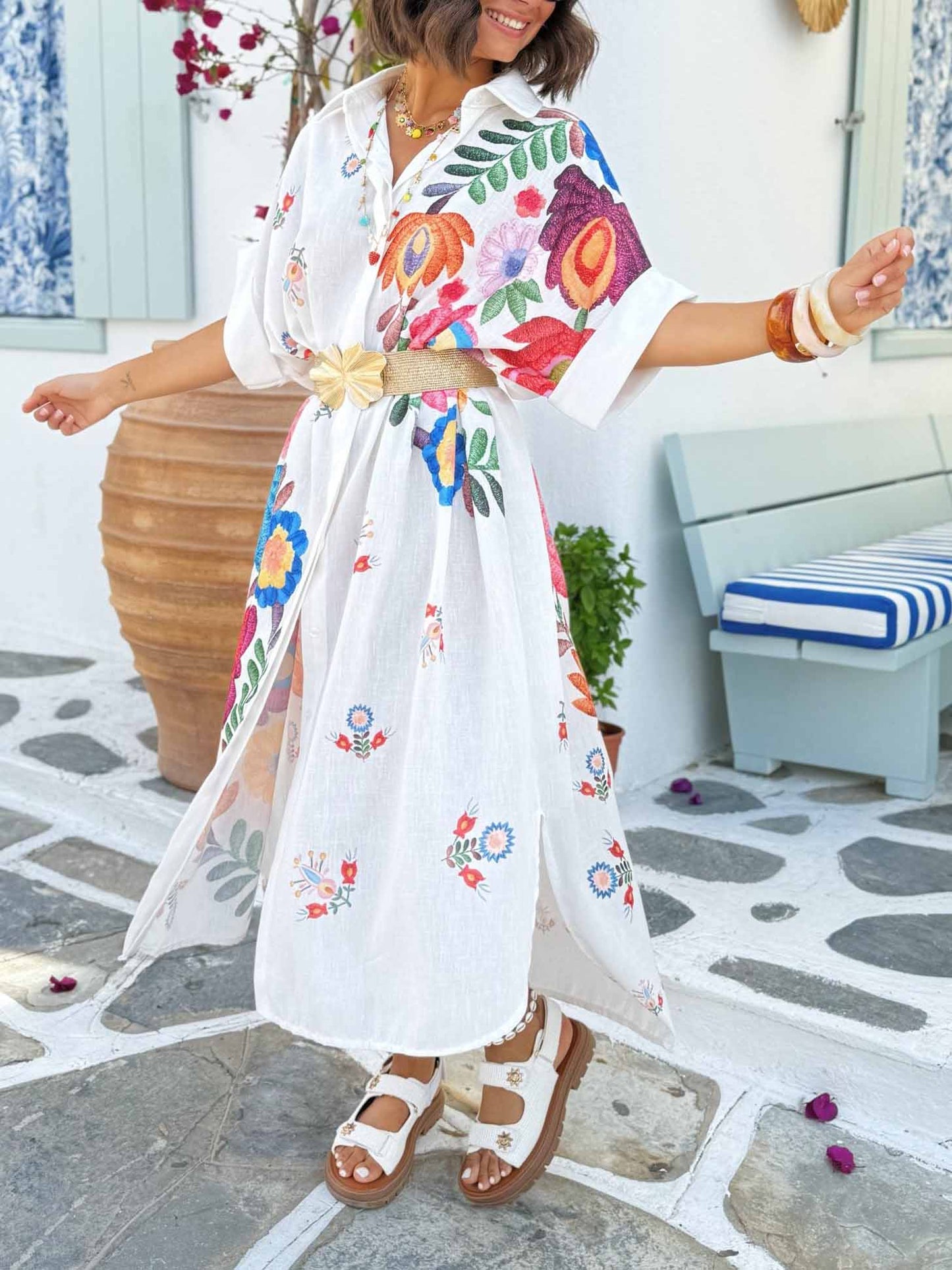 Casual Positioning Print Losse Resort Shirt Midi Jurk