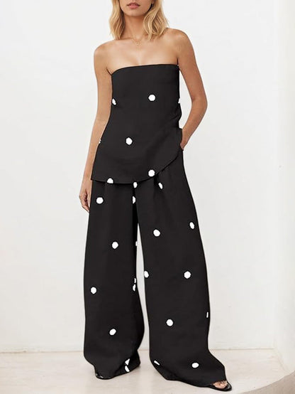 Klassieke Polka Dot Off-Shoulder Tanktop & Losse Wijde Broek Set