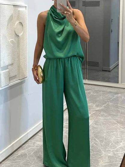 Elegante Halter Nek Swing Kraag Top En Brede Pantalon Set-Top