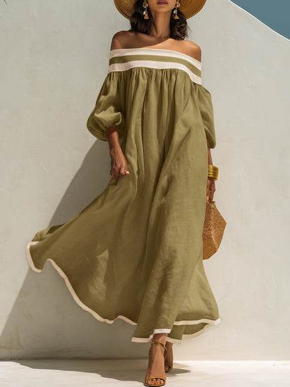 Loszittende maxi-jurk met kleurblokken en blote schouders, van beige katoen-linnen