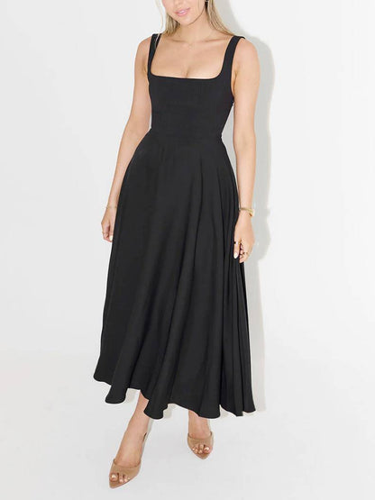 Elegante Sling Vierkante Hals Grote Swing Midi Jurk