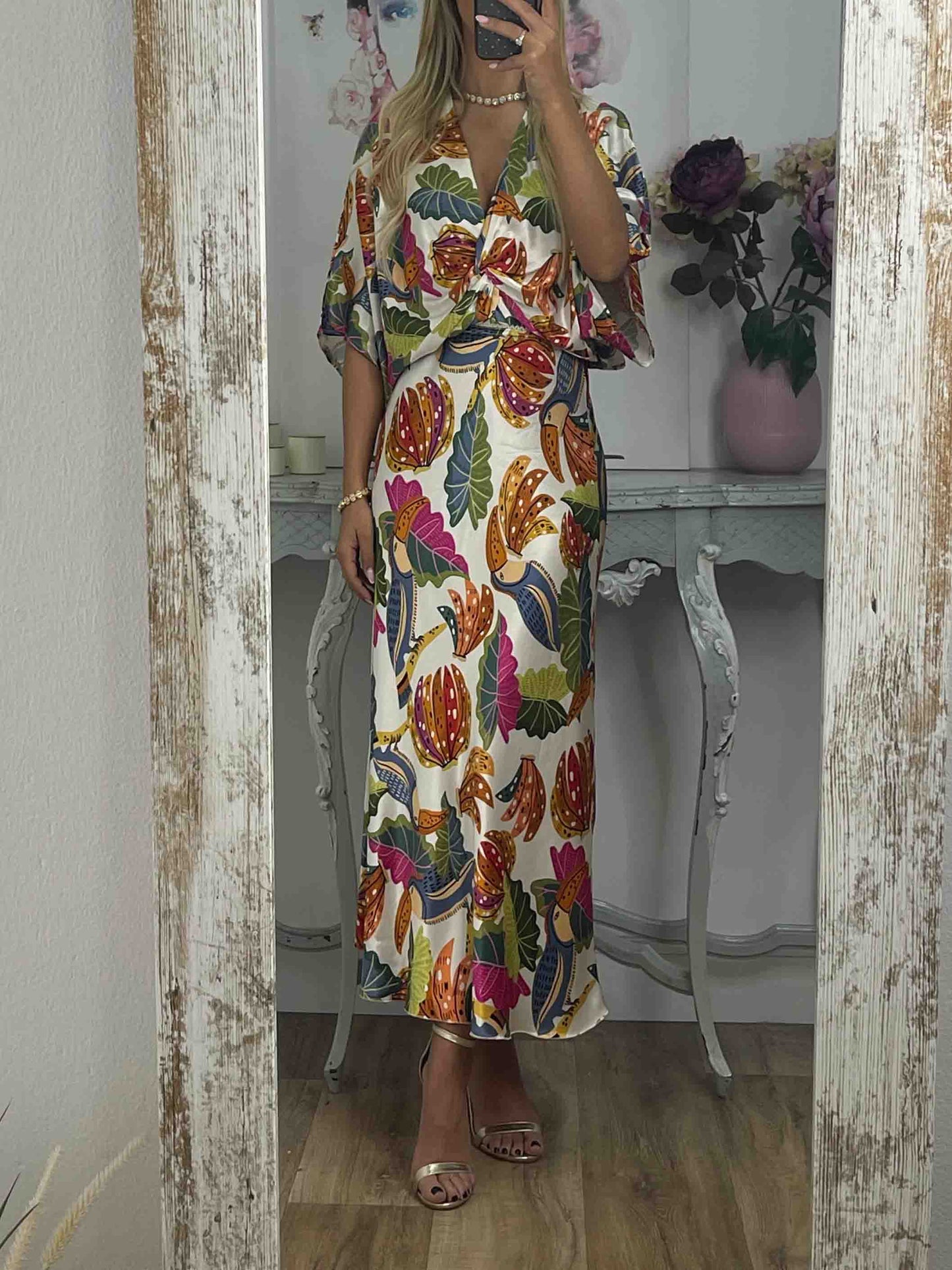 Retro Jungle Palm Leaf Satin Print Twee-delige Set