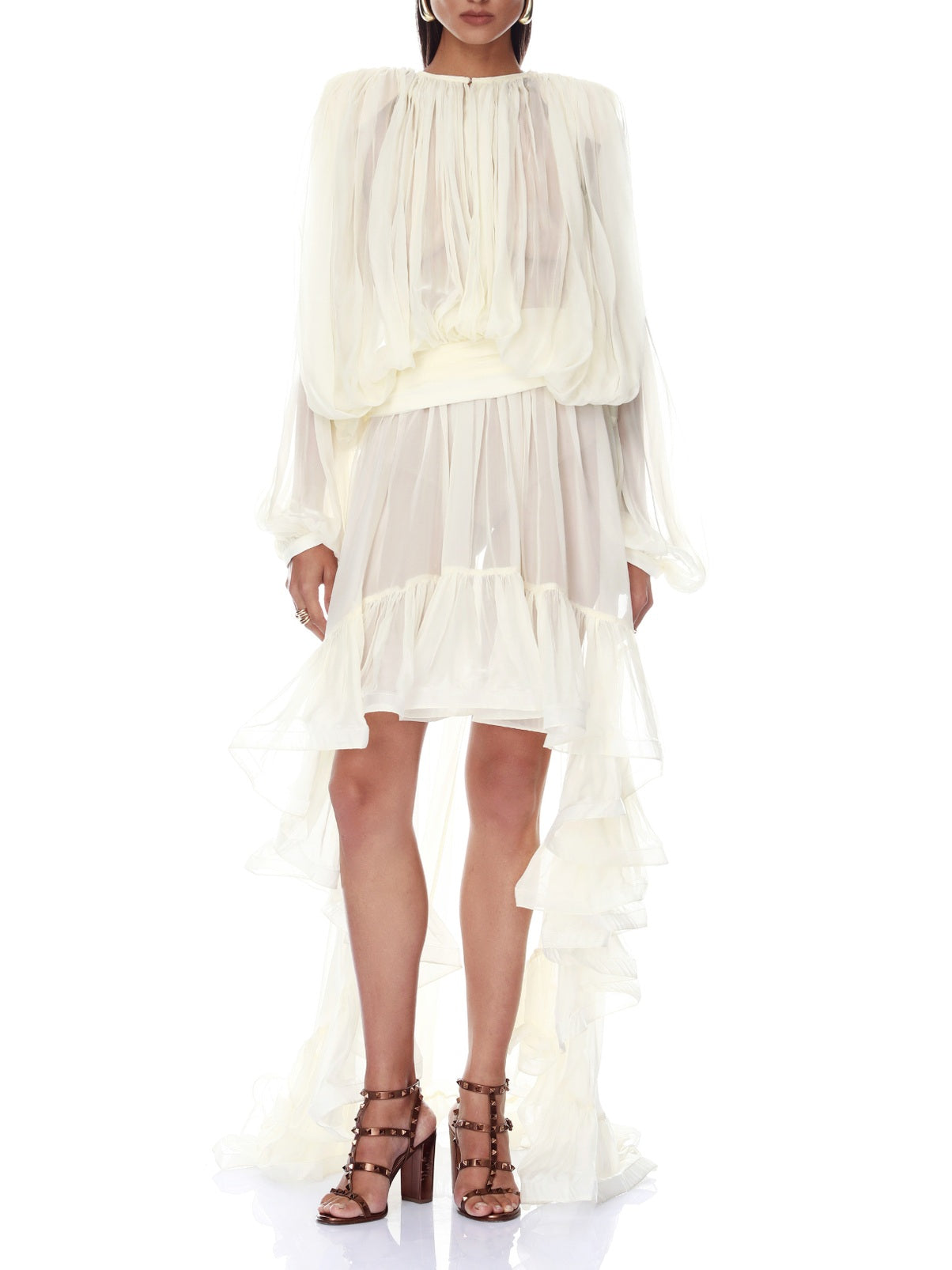 Elegante Transparante Ruffle Blouse & Gelaagde Hoge-Laag Rok Twee-Delige Set