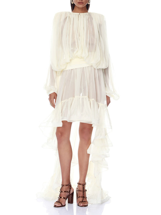 Elegante Transparante Ruffle Blouse & Gelaagde Hoge-Laag Rok Twee-Delige Set