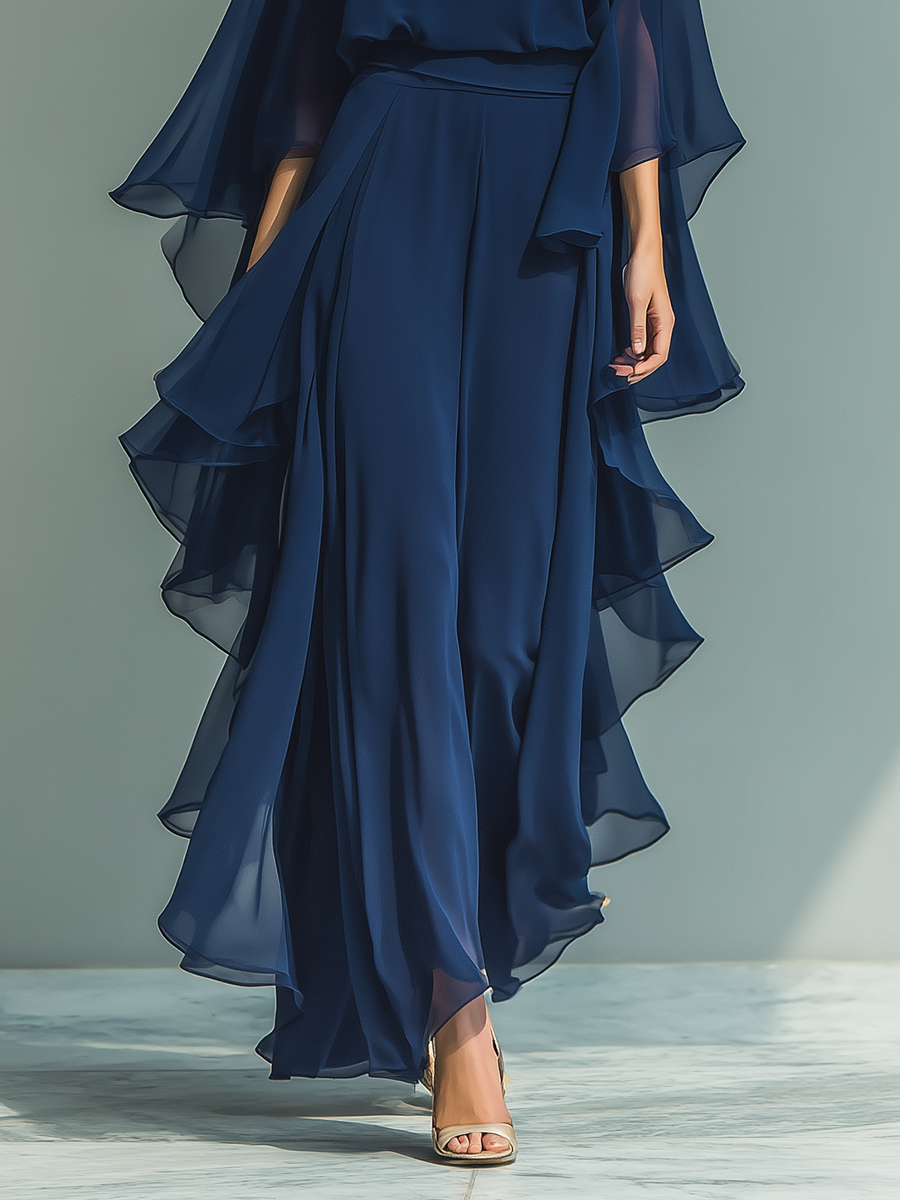 Margherita - Setje van marineblauw chiffon met klokmouwen en ruches