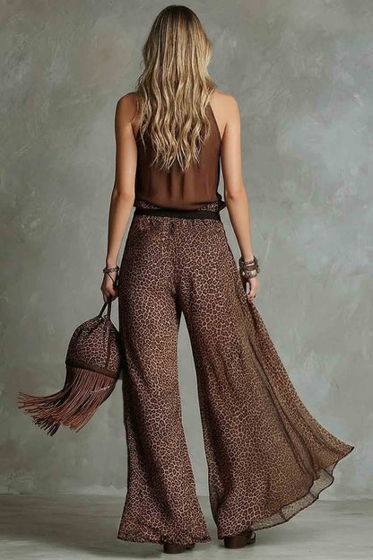 Halter-Neck Top En Leoprint Wijde Broek Set