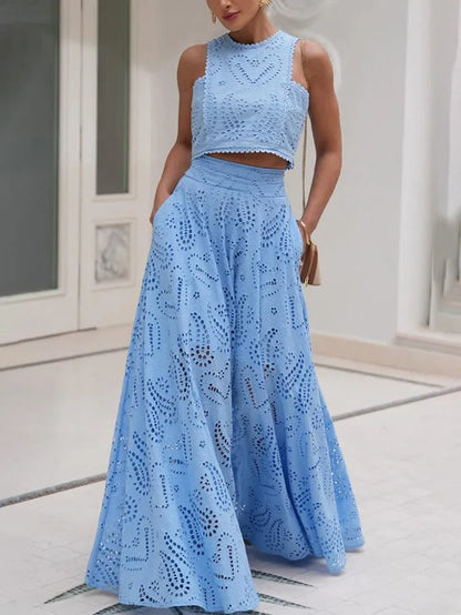 Exquise Mouwloze Geborduurde Hollow Lace Top