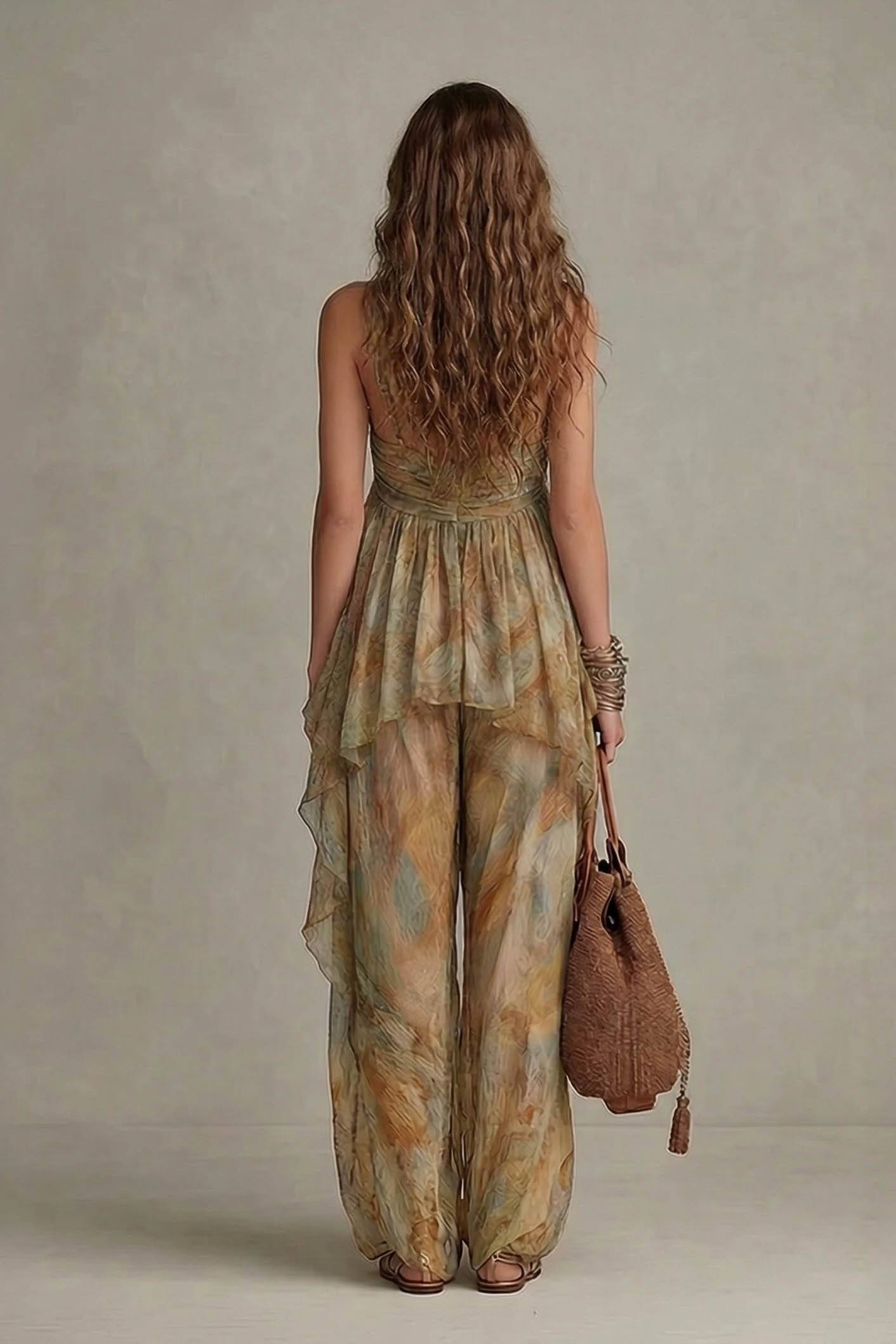 Geprinte Sling Top En Brede Pantalon Set