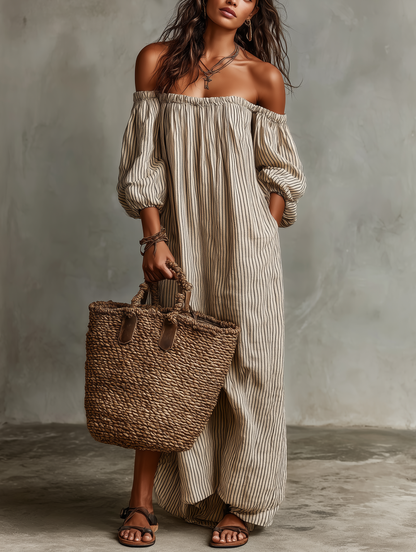Carmen | Lange jurk van katoen en linnen met off-the-shoulder ontwerp