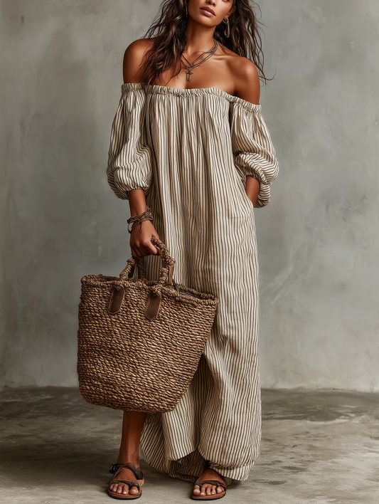 Carmen | Lange jurk van katoen en linnen met off-the-shoulder ontwerp