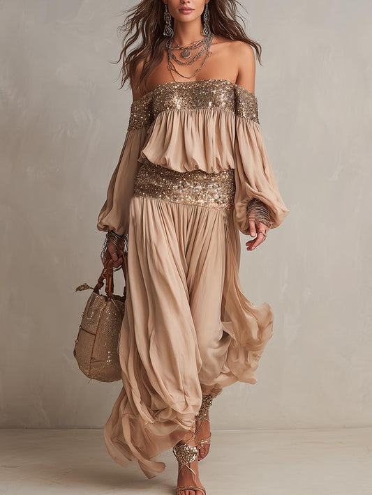 Elegante Off-Shoulder Pailletten Versierde Vloeiende Maxi Jurk Twee-Delige Set