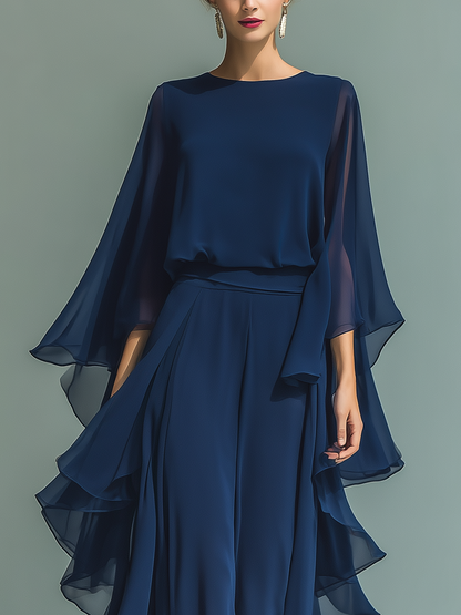 Margherita - Setje van marineblauw chiffon met klokmouwen en ruches