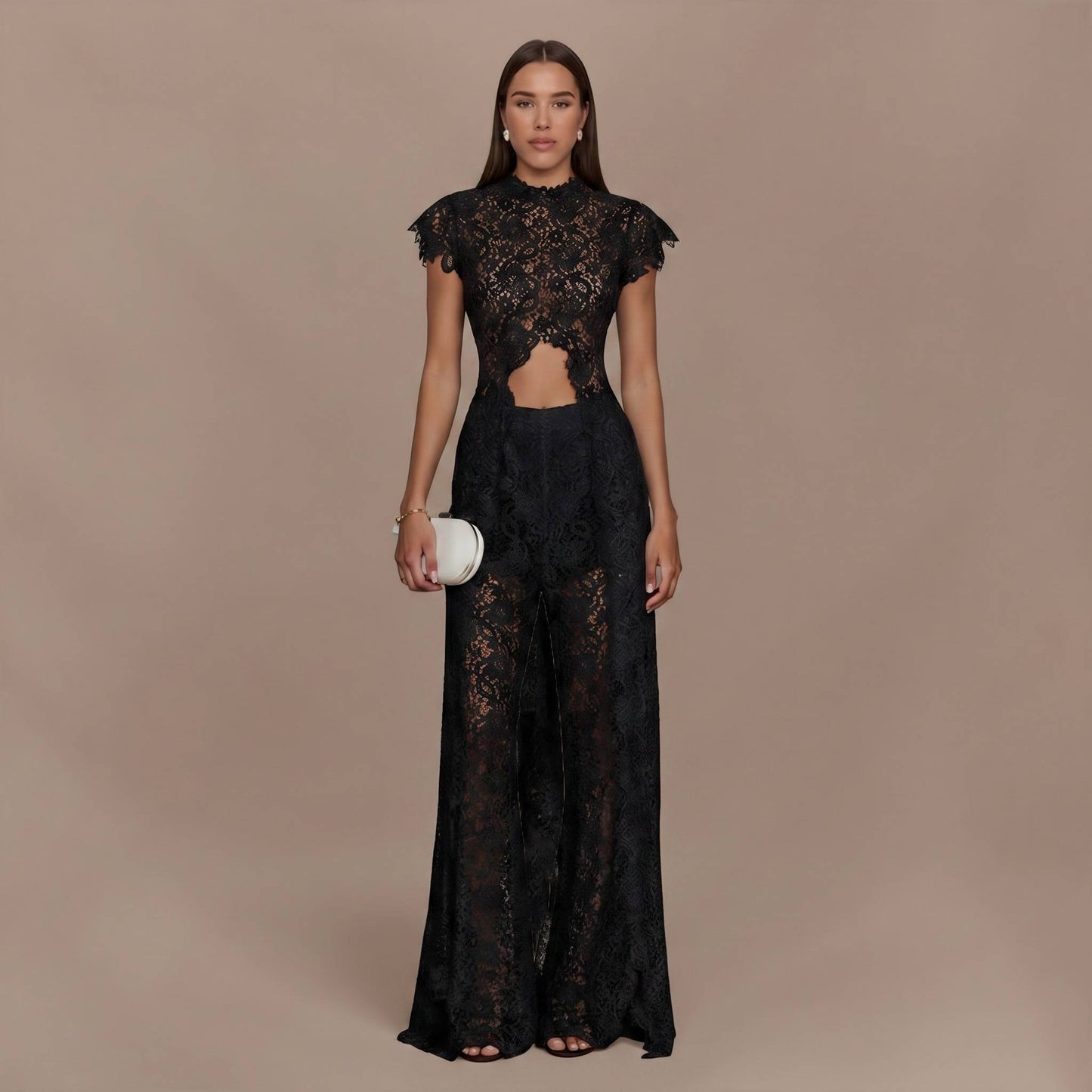 Kanten Top met Lange Mouwen en Brede Pantalon Set