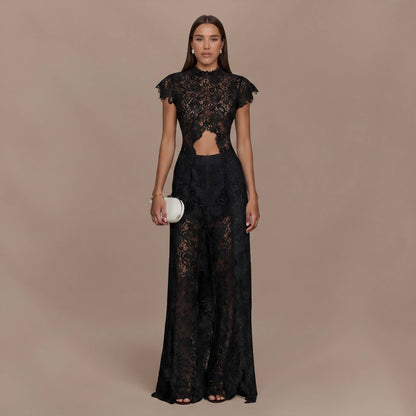 Kanten Top met Lange Mouwen en Brede Pantalon Set