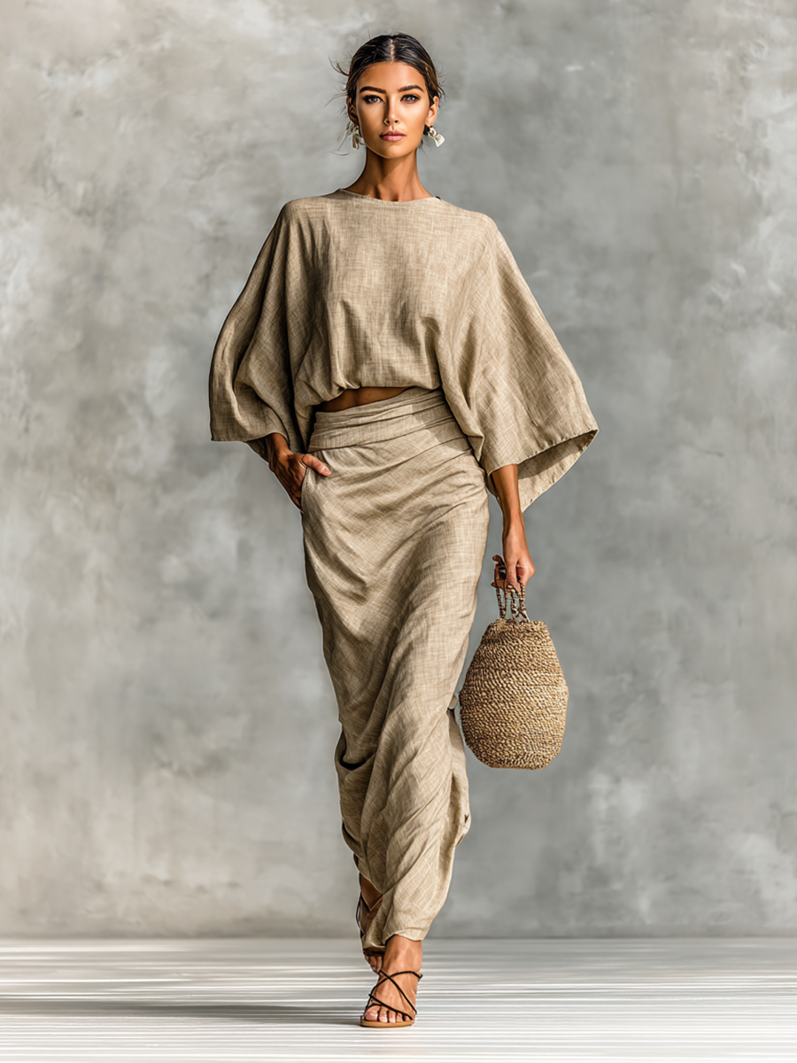 Selene | Gouden Linnen Batwing & Maxi Rok Set