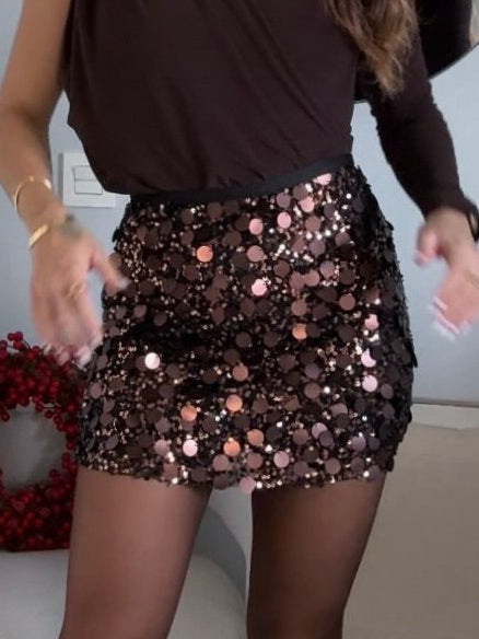 Elegante Eén-Schouder Bodysuit & Pailletten Mini Rok Set