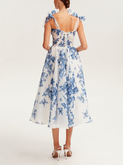 Tedere bloemen midi jurk met strikbandjes