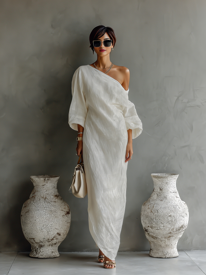 Ivoren Linnen Jurk Schoudervrij