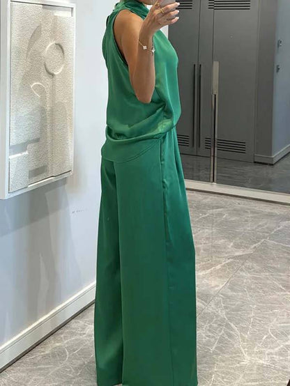 Elegante Halter Nek Swing Kraag Top En Brede Pantalon Set-Top