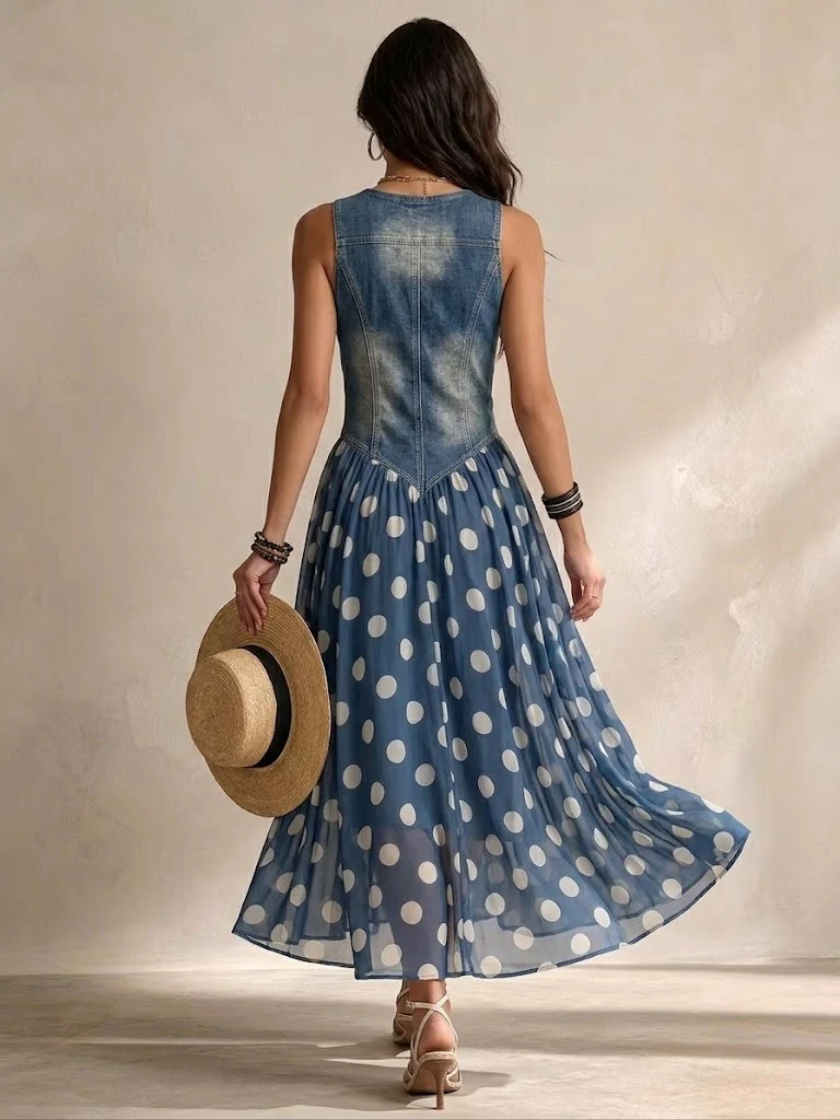Adeline | Lange denimjurk met stippen