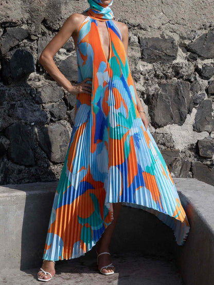 Stijlvolle Plissé Halternek Strapless Midi Jurk