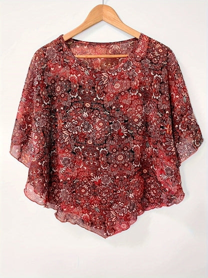 Bloemen Asymmetrische Blouse - Transparante Mouwen & Pullover Ontwerp