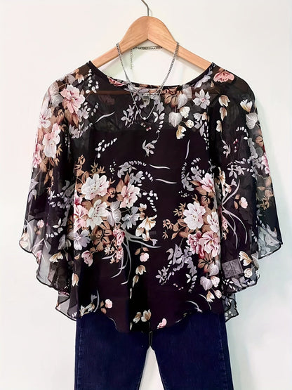 Bloemen Asymmetrische Blouse - Transparante Mouwen & Pullover Ontwerp
