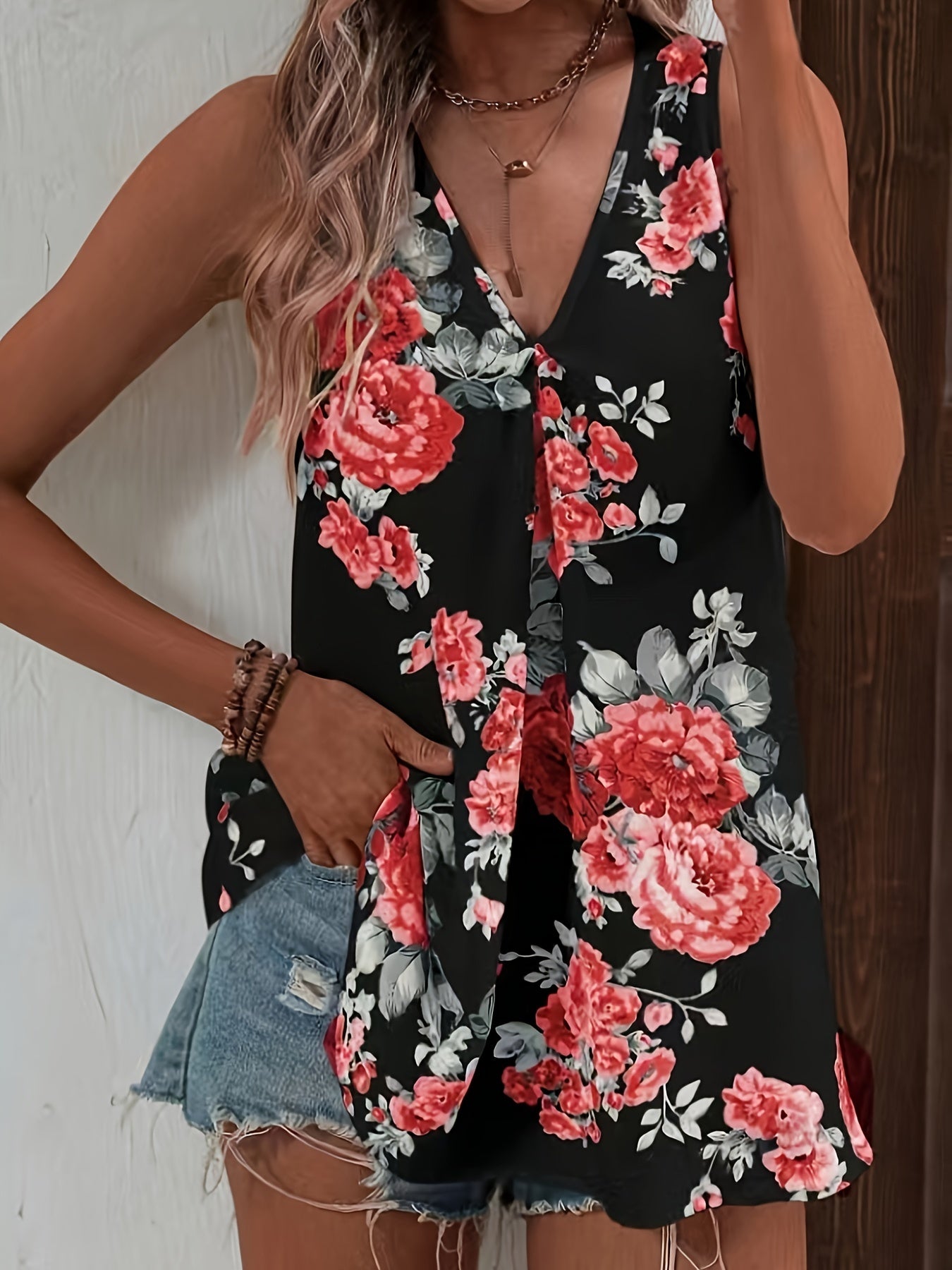 Bloemige V-Hals Blouse - Mouwloos Ontwerp & Lichtgewicht Stof