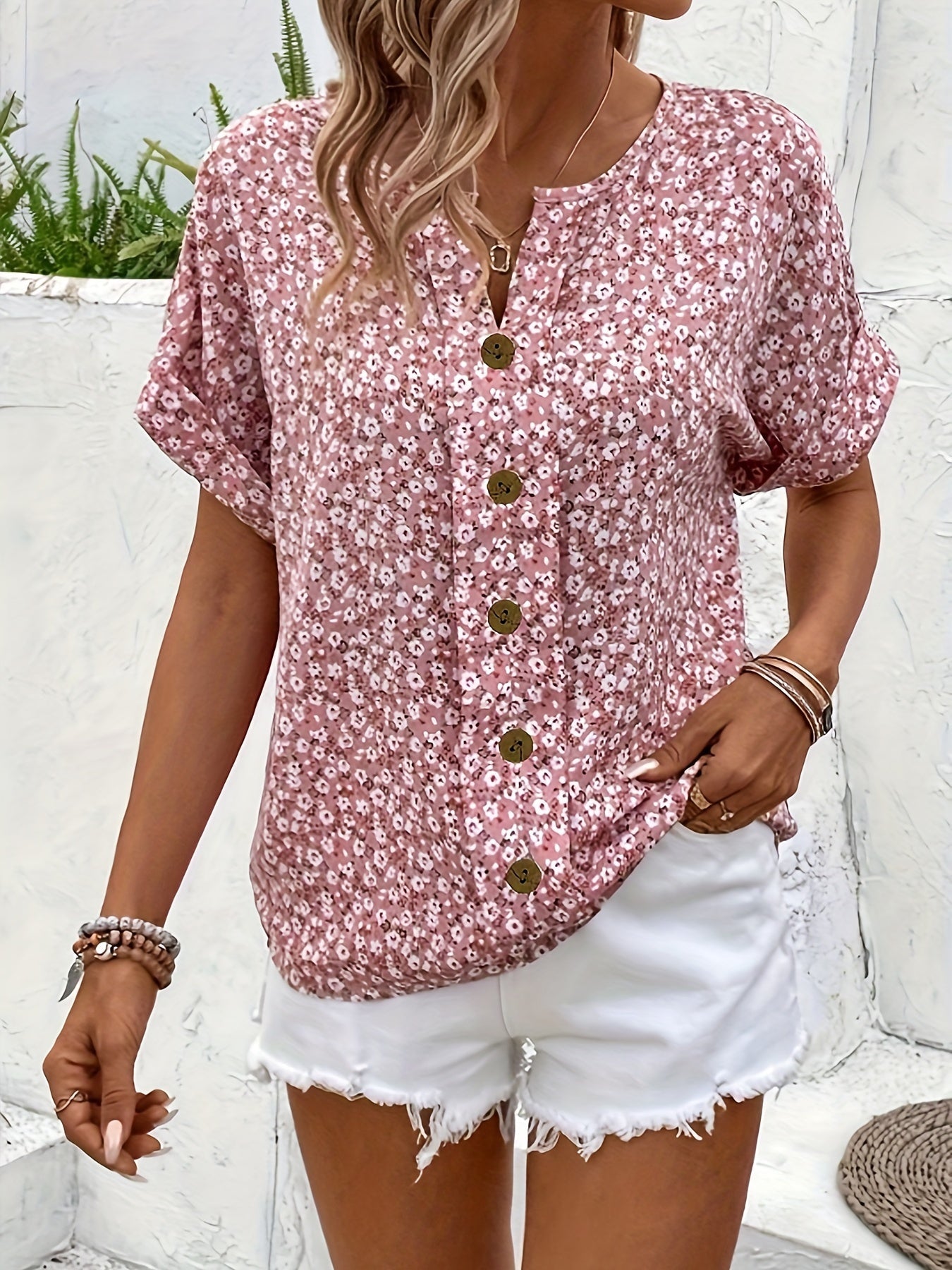 Bloemige V-Hals Korte Mouw Shirt - Knopsluiting & Ademend Stof
