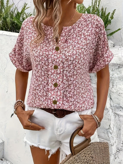 Bloemige V-Hals Korte Mouw Shirt - Knopsluiting & Ademend Stof