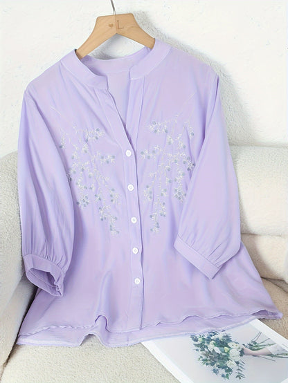 Bloemmotief Blouse - Knop Voorontwerp & Staande Kraag